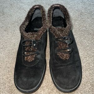 Stuart Weitzman black suede shoes with faux sherpa lining